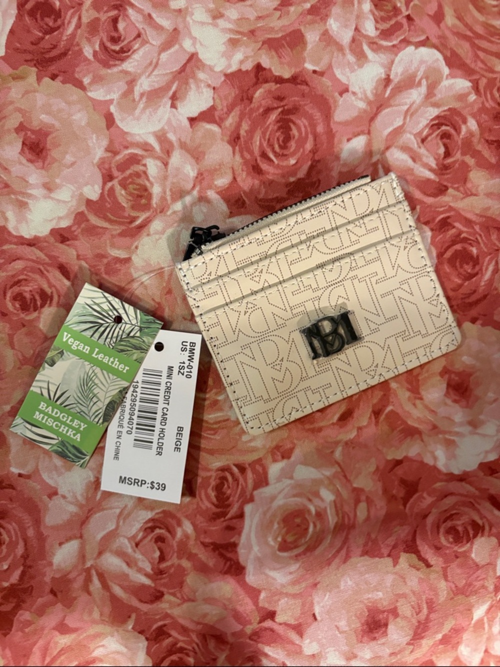 Badgley Mischka Cream Monogram Zip Card Wallet